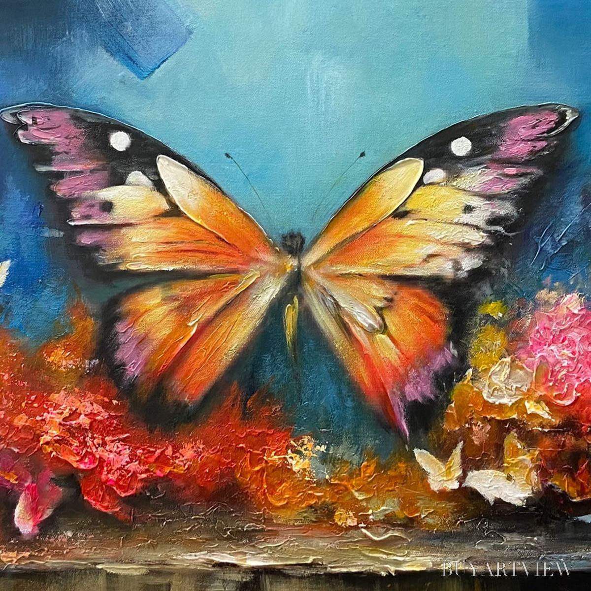 BUYARTVIEW Monarch'S Repose – Orange and Purple Butterfly with Floral Impasto Oil Painting - image 3