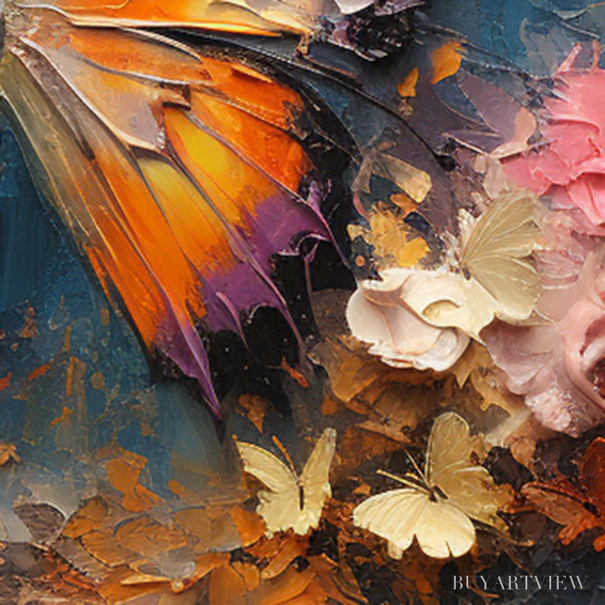 BUYARTVIEW Monarch'S Repose – Orange and Purple Butterfly with Floral Impasto Oil Painting - image 5