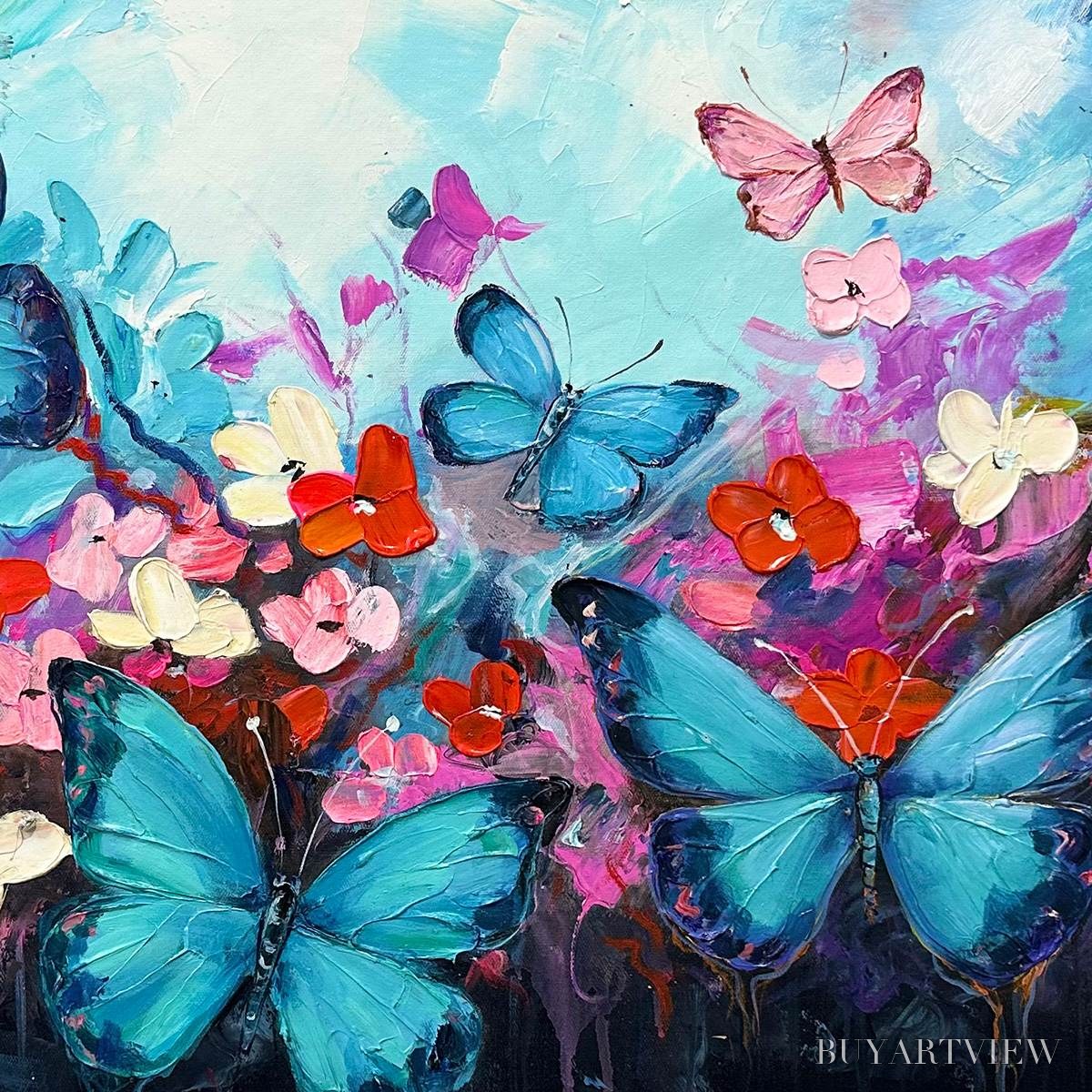 BUYARTVIEW Butterfly Waltz – Colorful Butterfly and Floral Impasto Oil Painting - image 3