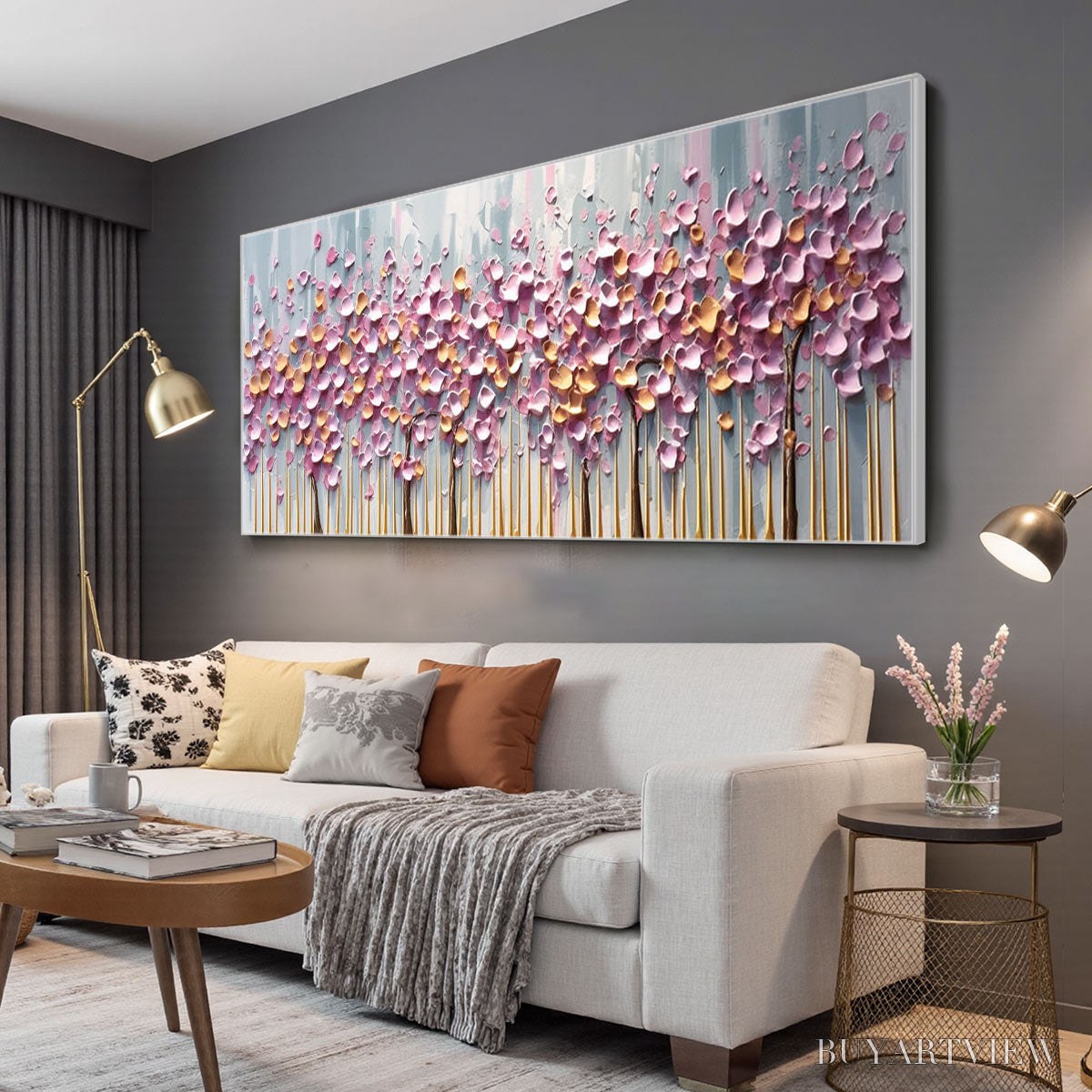 BUYARTVIEW Rosewood Dawn – Textured Floral Landscape Oil Painting in Pink - image 4