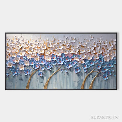 BUYARTVIEW Azure Dream – Textured Floral Landscape Oil Painting in Blue, White, and Gold - image 1