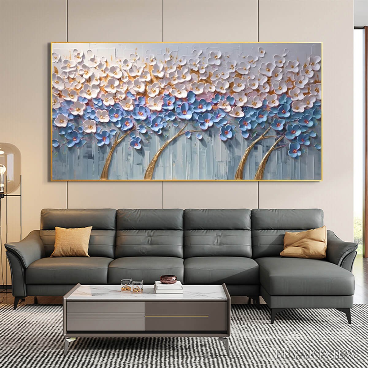BUYARTVIEW Azure Dream – Textured Floral Landscape Oil Painting in Blue, White, and Gold - image 6