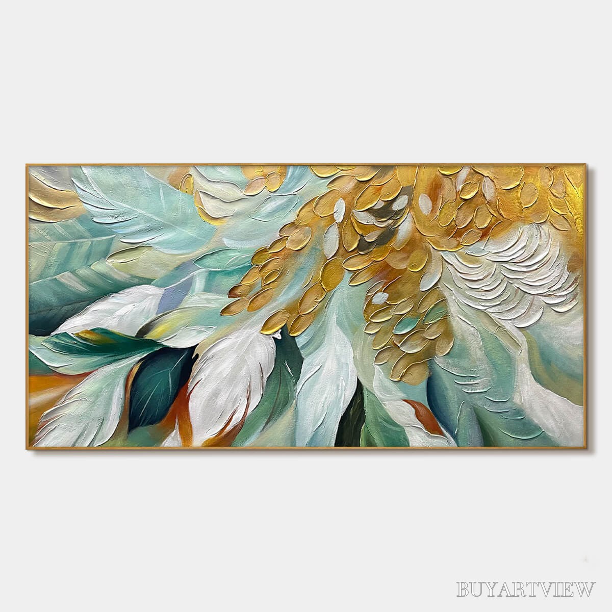 BUYARTVIEW Gilded Garden – Green and Gold Floral Textured Impasto Oil Painting - image 1