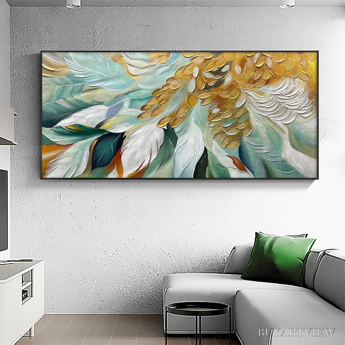 BUYARTVIEW Gilded Garden – Green and Gold Floral Textured Impasto Oil Painting - image 2