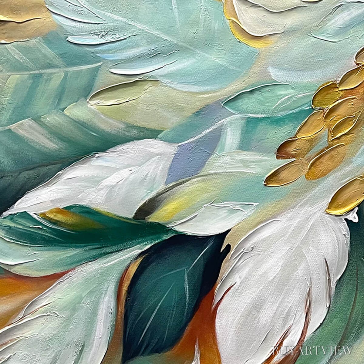BUYARTVIEW Gilded Garden – Green and Gold Floral Textured Impasto Oil Painting - image 3