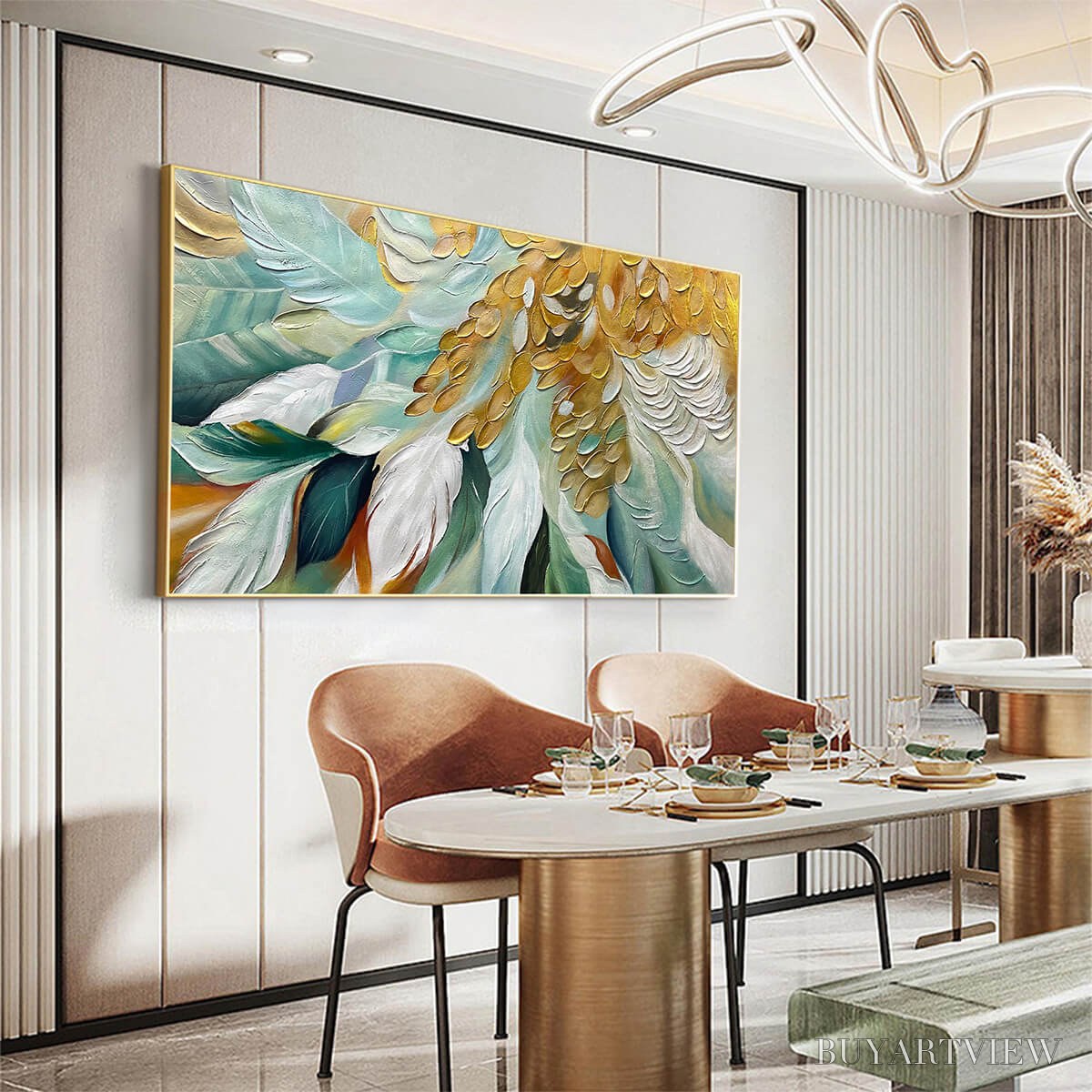 BUYARTVIEW Gilded Garden – Green and Gold Floral Textured Impasto Oil Painting - image 4