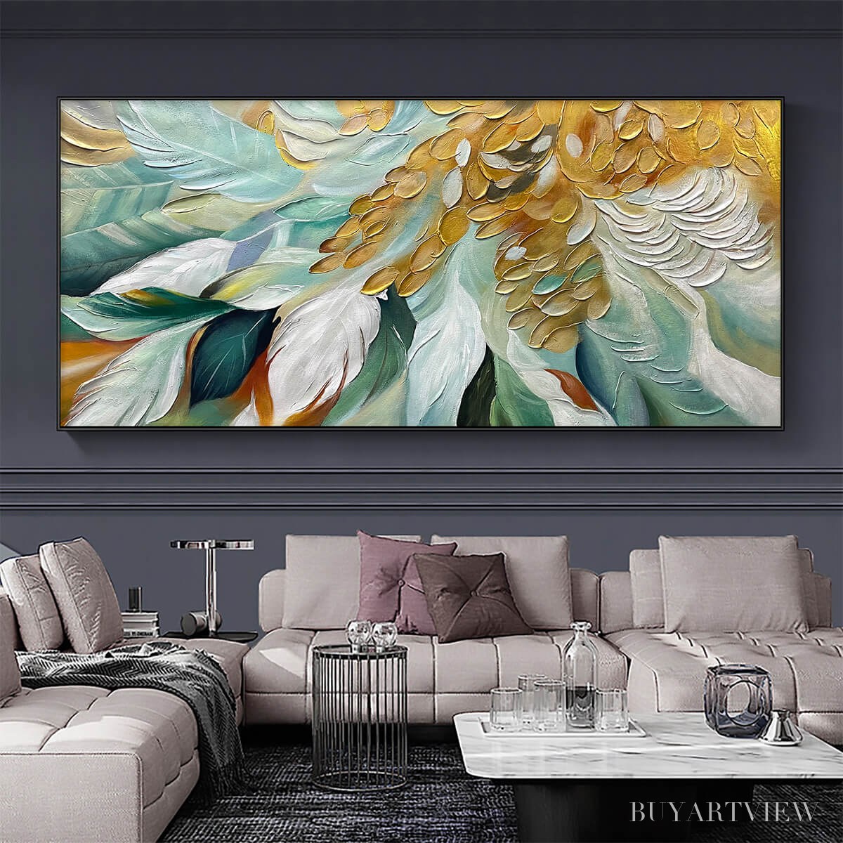 BUYARTVIEW Gilded Garden – Green and Gold Floral Textured Impasto Oil Painting - image 6