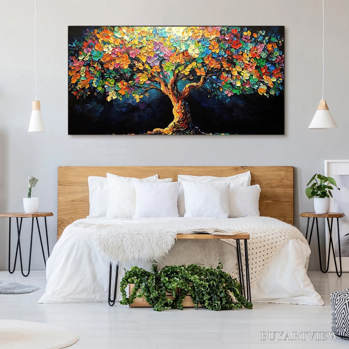 BUYARTVIEW Rainbow Bloom – Impasto Palette Knife Floral Tree Painting - image 4