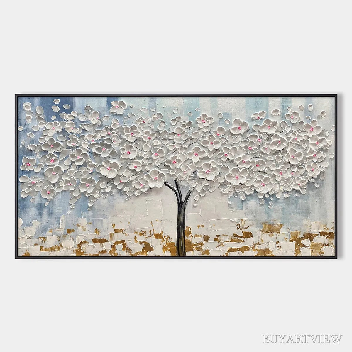 BUYARTVIEW Blossom Dream – Textured Blossom Tree Painting in White and Gold - image 1