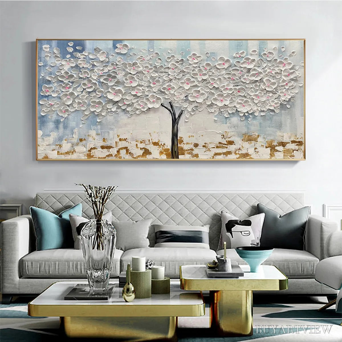 BUYARTVIEW Blossom Dream – Textured Blossom Tree Painting in White and Gold - image 2