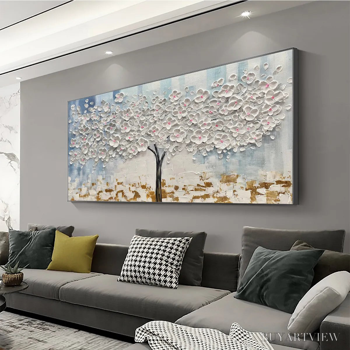 BUYARTVIEW Blossom Dream – Textured Blossom Tree Painting in White and Gold - image 4
