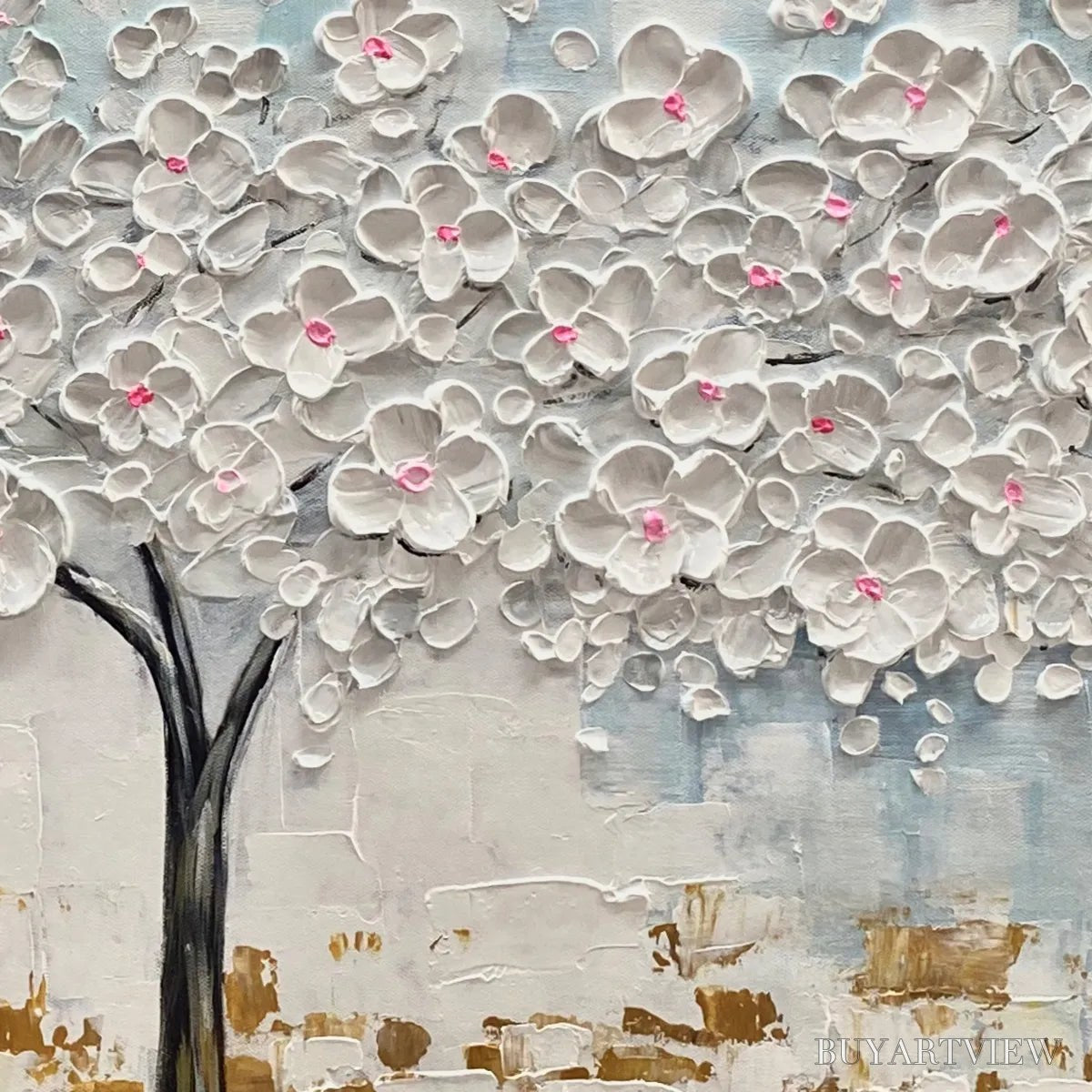 BUYARTVIEW Blossom Dream – Textured Blossom Tree Painting in White and Gold - image 5