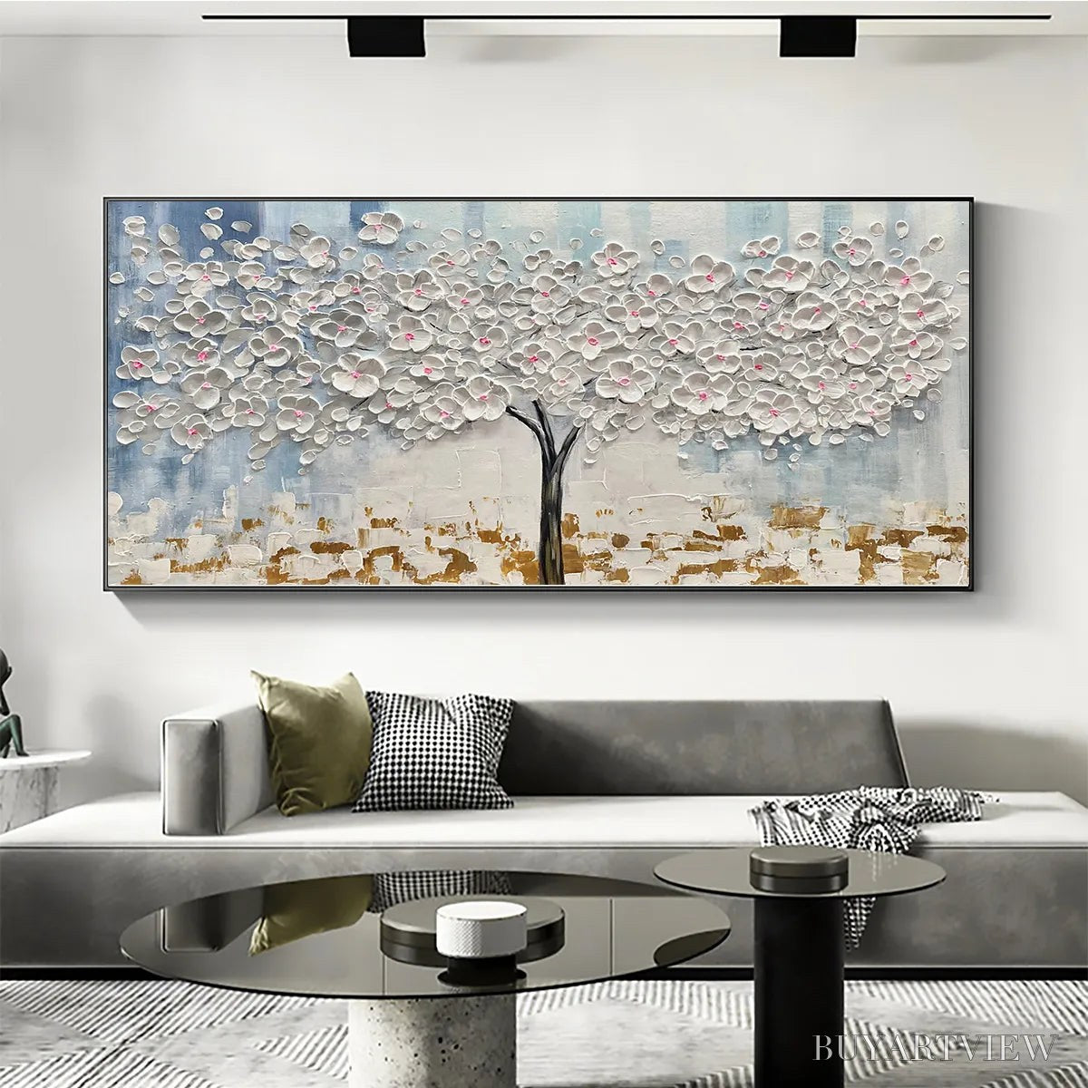 BUYARTVIEW Blossom Dream – Textured Blossom Tree Painting in White and Gold - image 6