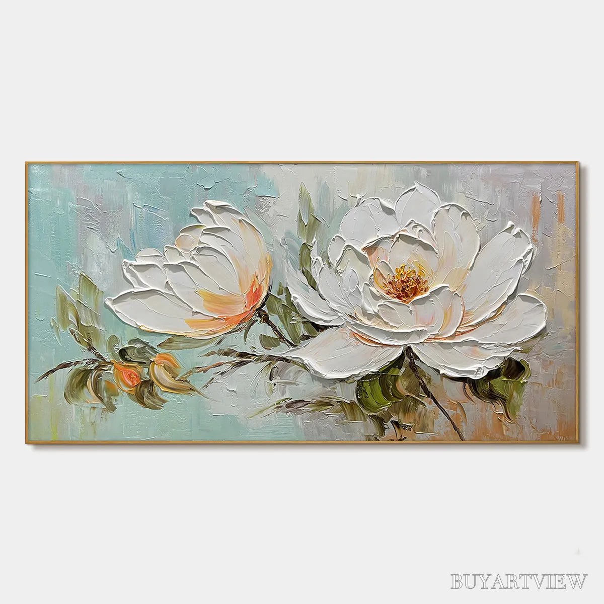 BUYARTVIEW Peony Harmony – Impasto Peony Painting in Soft White and Peach - image 1