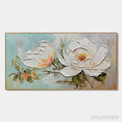 BUYARTVIEW Peony Harmony – Impasto Peony Painting in Soft White and Peach - image 1