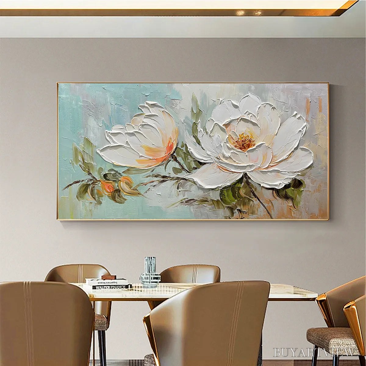 BUYARTVIEW Peony Harmony – Impasto Peony Painting in Soft White and Peach - image 2