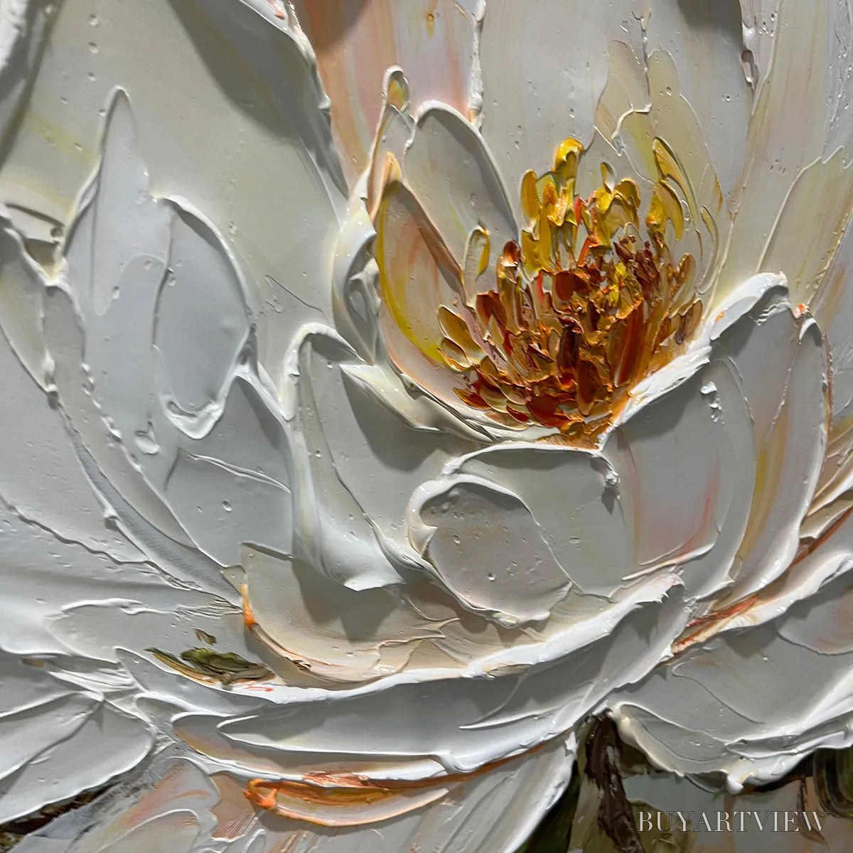 BUYARTVIEW Peony Harmony – Impasto Peony Painting in Soft White and Peach - image 3