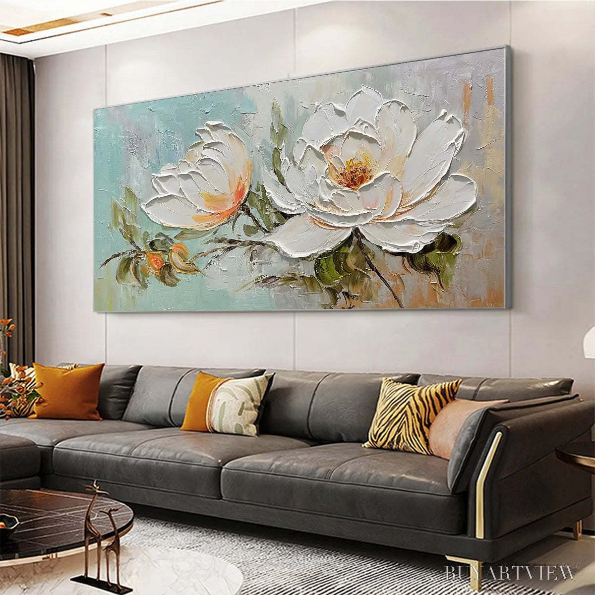 BUYARTVIEW Peony Harmony – Impasto Peony Painting in Soft White and Peach - image 4
