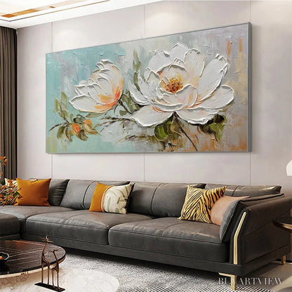 BUYARTVIEW Peony Harmony – Impasto Peony Painting in Soft White and Peach - image 4
