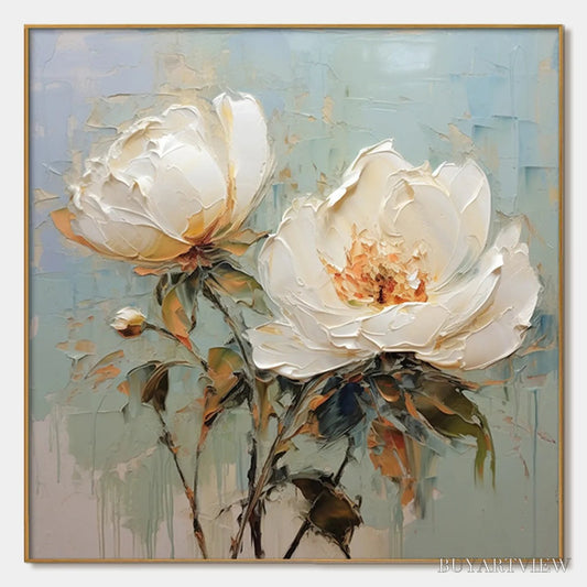 BUYARTVIEW White Peony Duet – Square Impasto Peony Painting in Soft White - image 1