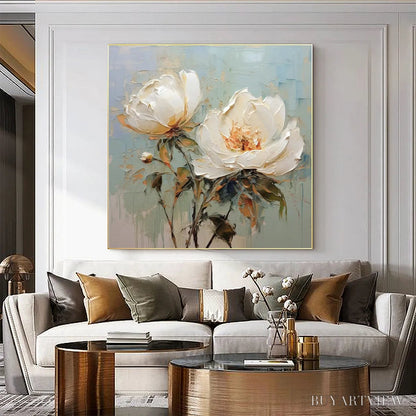 BUYARTVIEW White Peony Duet – Square Impasto Peony Painting in Soft White - image 2