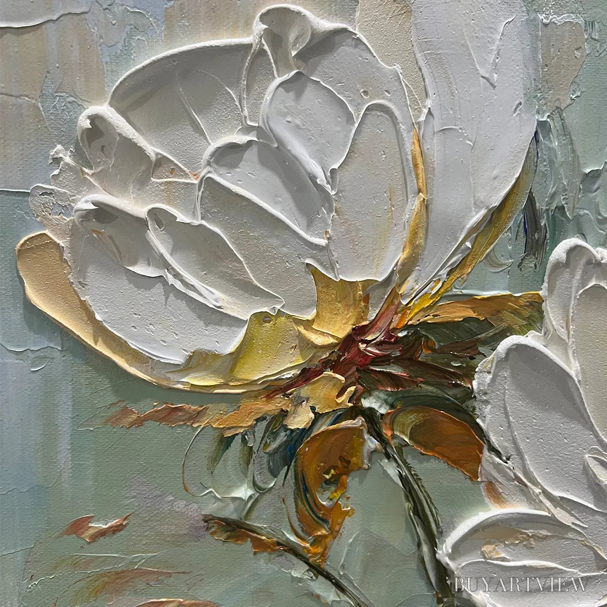 BUYARTVIEW White Peony Duet – Square Impasto Peony Painting in Soft White - image 3