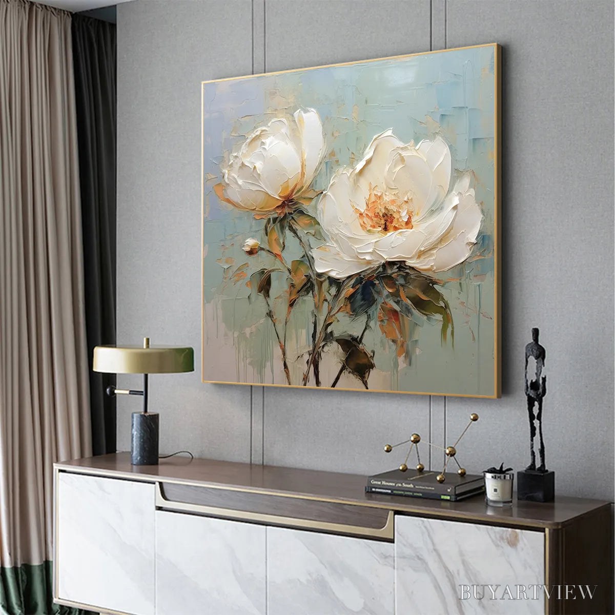 BUYARTVIEW White Peony Duet – Square Impasto Peony Painting in Soft White - image 4