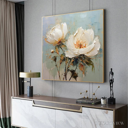 BUYARTVIEW White Peony Duet – Square Impasto Peony Painting in Soft White - image 4