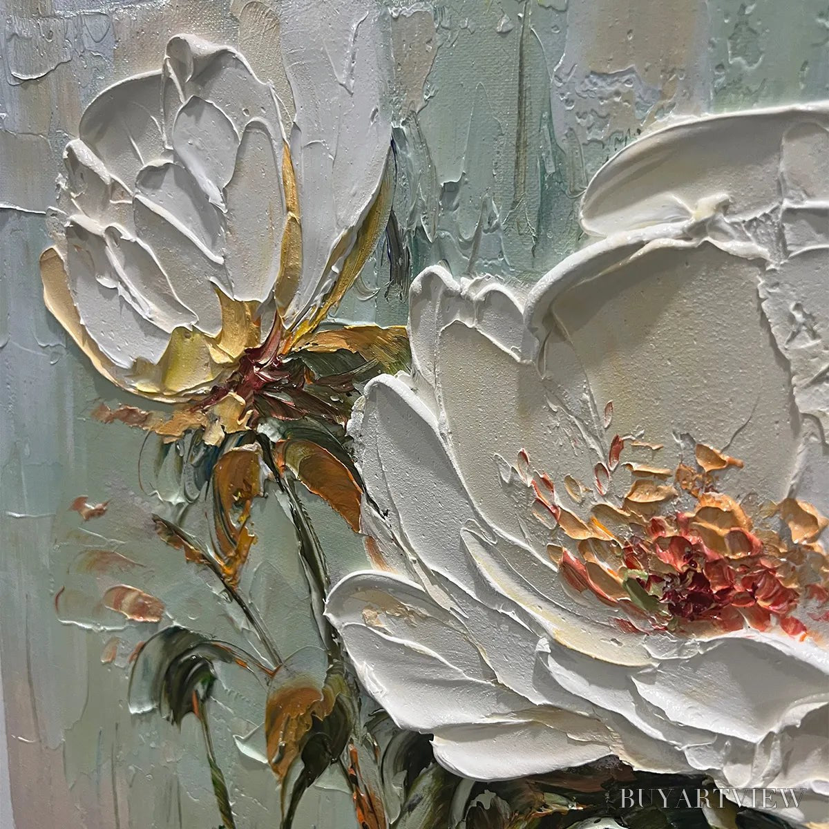 BUYARTVIEW White Peony Duet – Square Impasto Peony Painting in Soft White - image 5