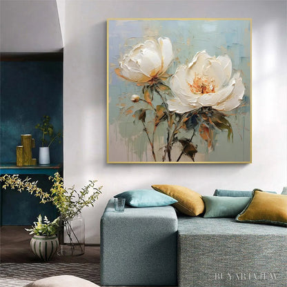 BUYARTVIEW White Peony Duet – Square Impasto Peony Painting in Soft White - image 6