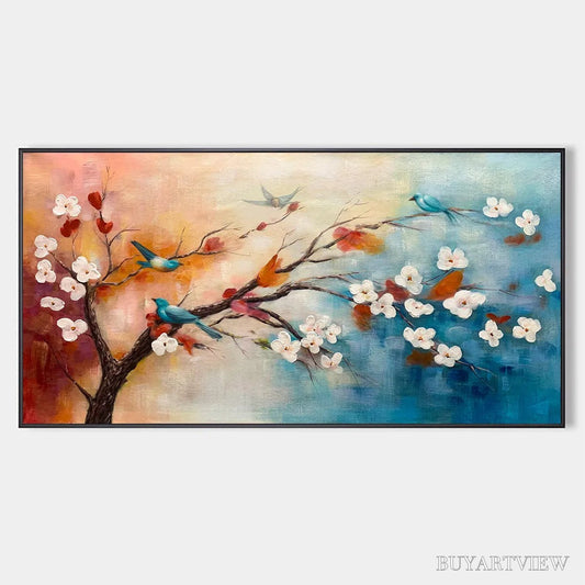 BUYARTVIEW Spring Melody – Panoramic Blossom Tree Painting with Colorful Birds - image 1