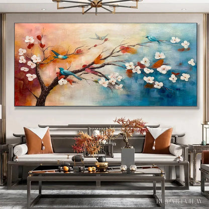 BUYARTVIEW Spring Melody – Panoramic Blossom Tree Painting with Colorful Birds - image 2