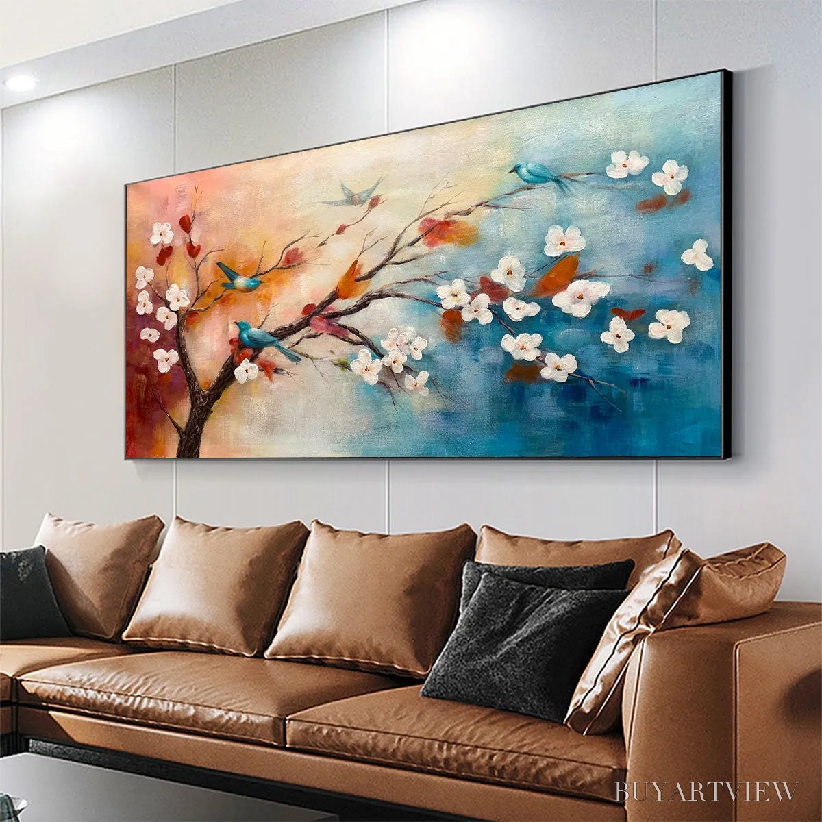 BUYARTVIEW Spring Melody – Panoramic Blossom Tree Painting with Colorful Birds - image 4