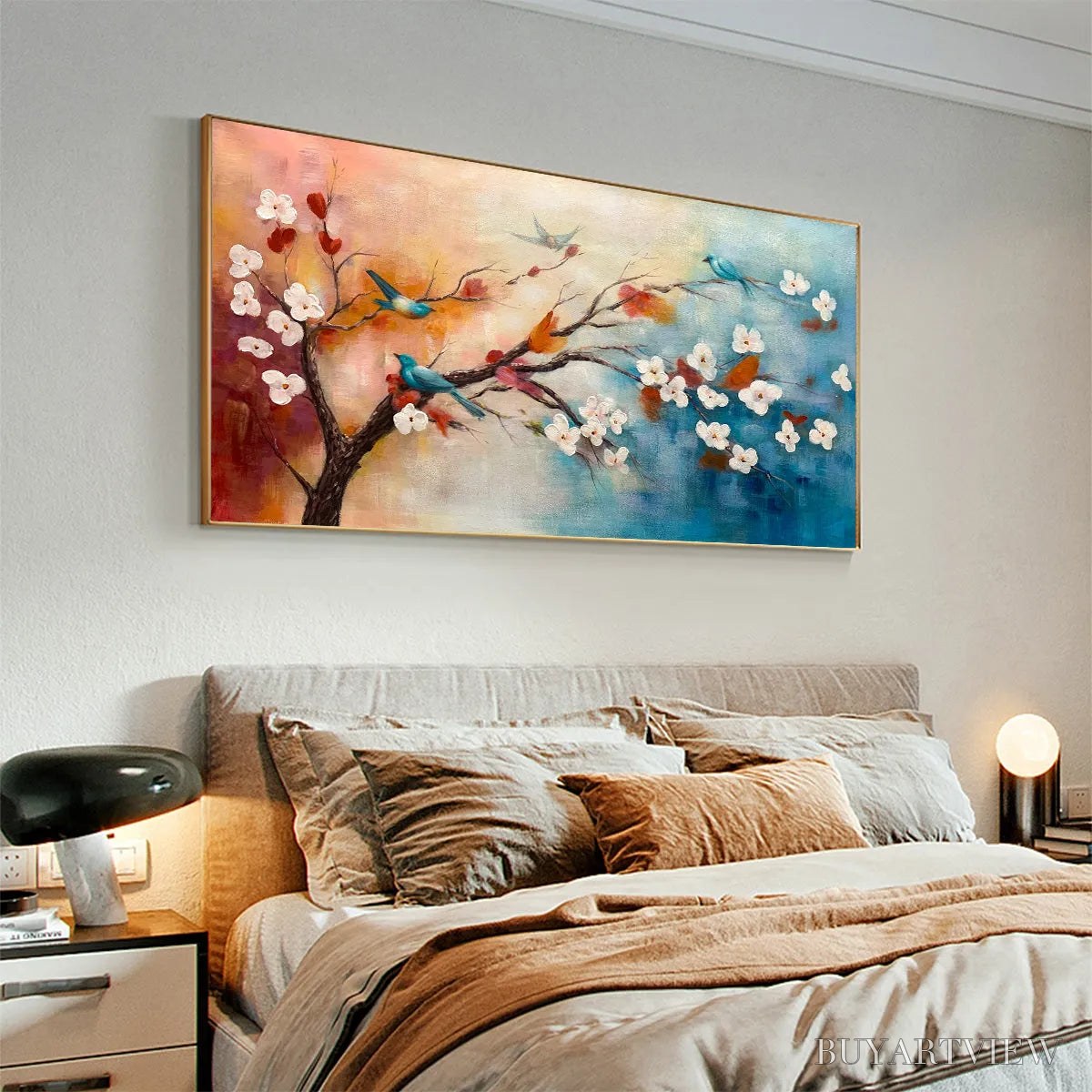 BUYARTVIEW Spring Melody – Panoramic Blossom Tree Painting with Colorful Birds - image 5