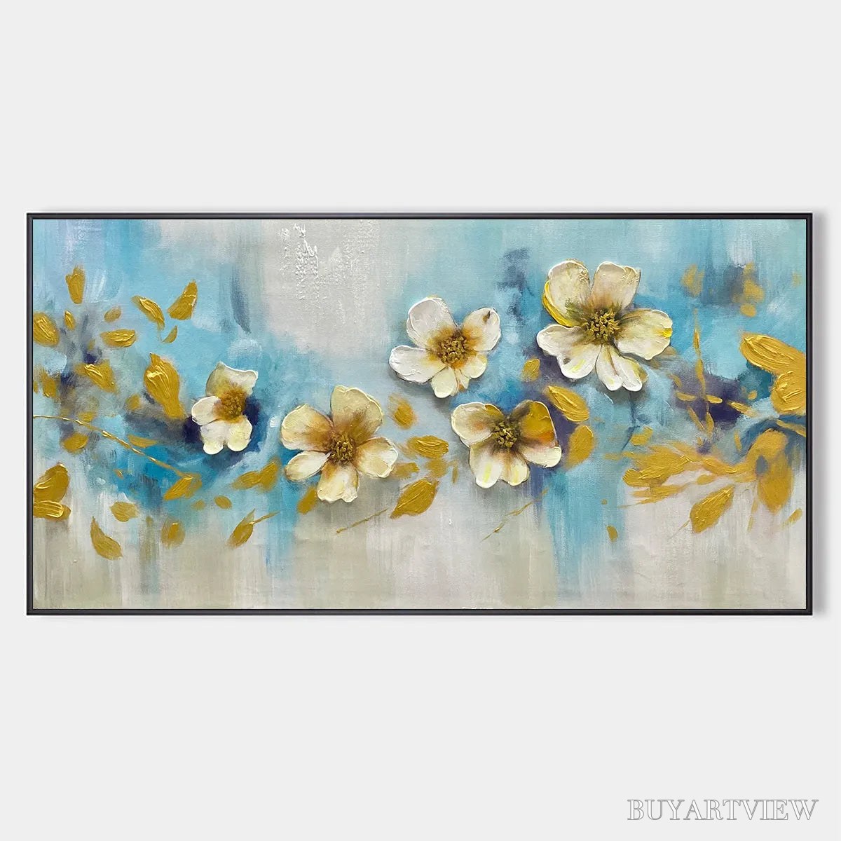 BUYARTVIEW Golden Blossom Drift – Floral Painting with Gold Accents - image 1