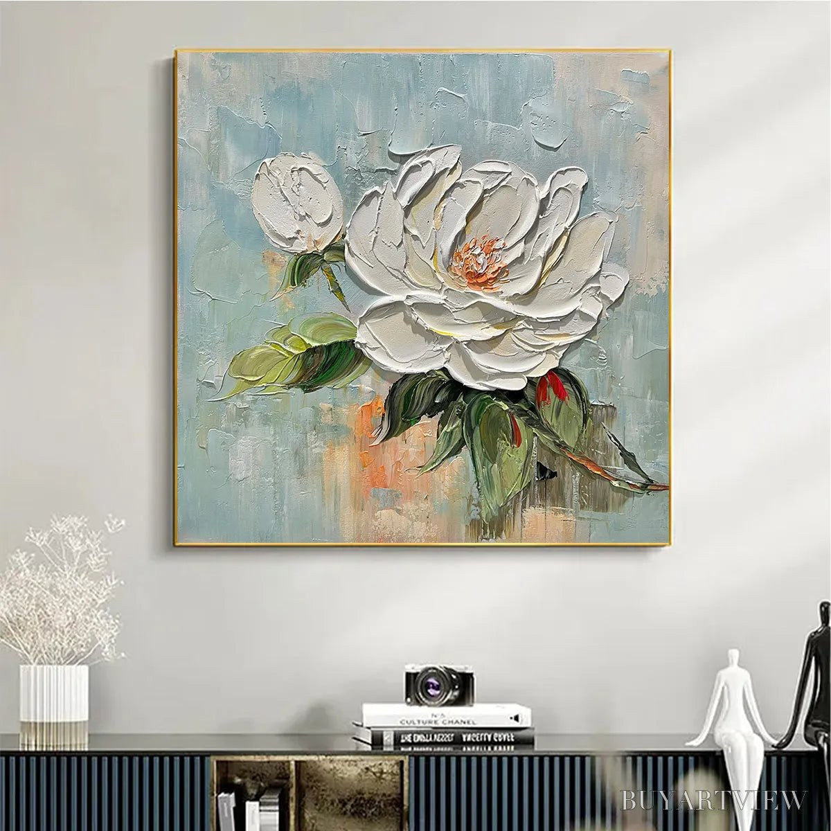 BUYARTVIEW Blossom'S Grace – Textured Impasto Magnolia Painting on Square Canvas - image 4