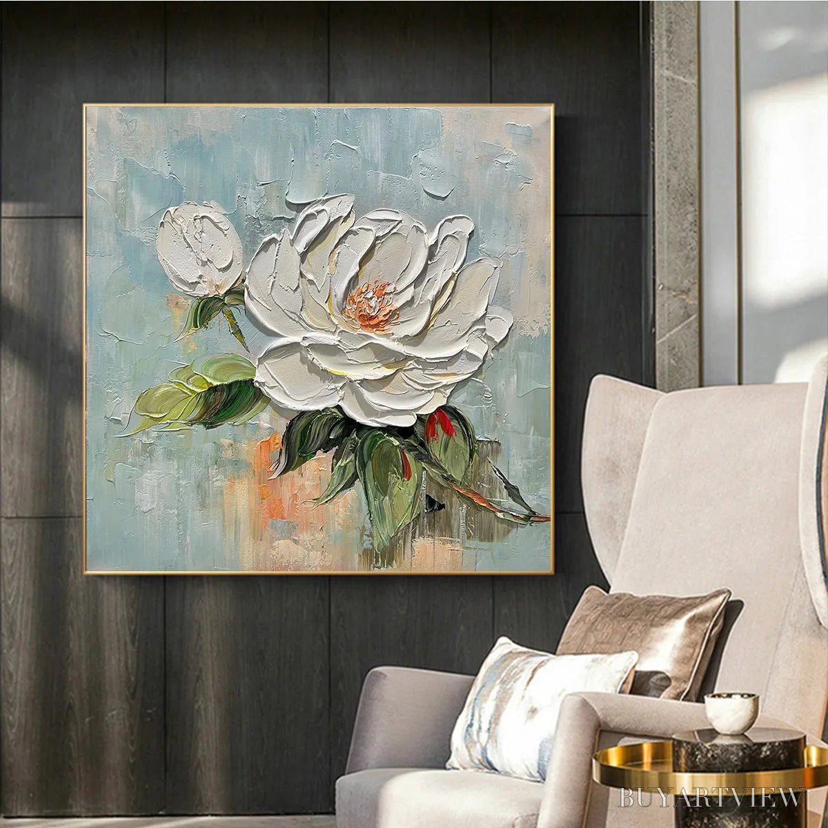 BUYARTVIEW Blossom'S Grace – Textured Impasto Magnolia Painting on Square Canvas - image 5
