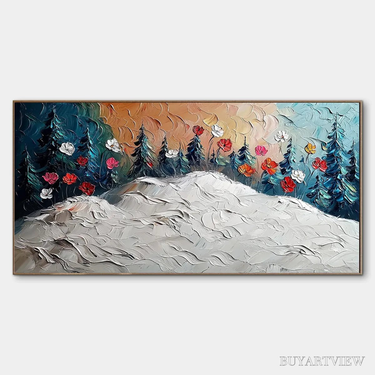 BUYARTVIEW Frozen Bloom – Textured Impasto Landscape with Floral Accents - image 1