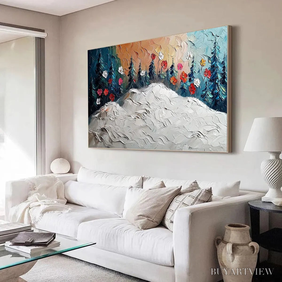 BUYARTVIEW Frozen Bloom – Textured Impasto Landscape with Floral Accents - image 2