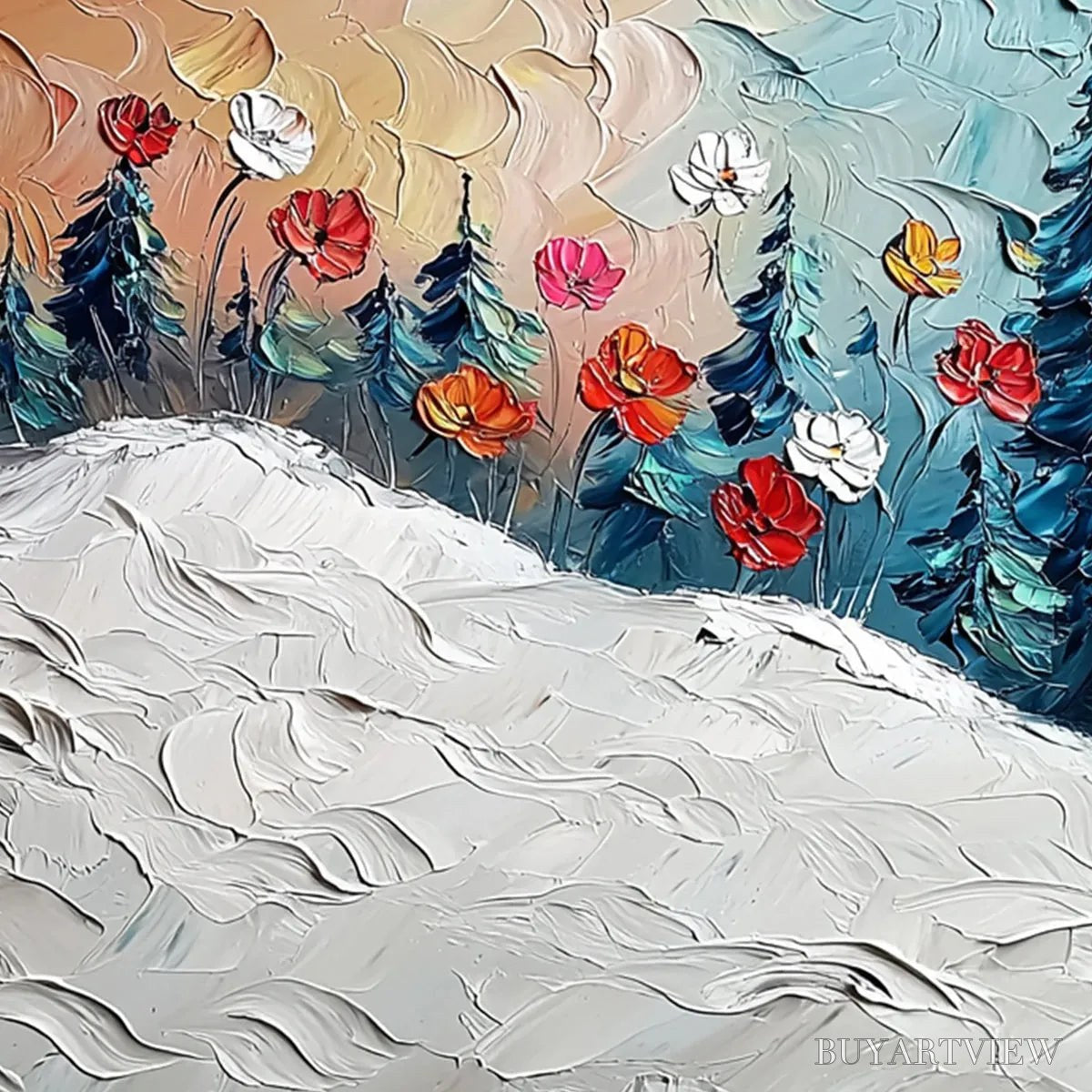 BUYARTVIEW Frozen Bloom – Textured Impasto Landscape with Floral Accents - image 3