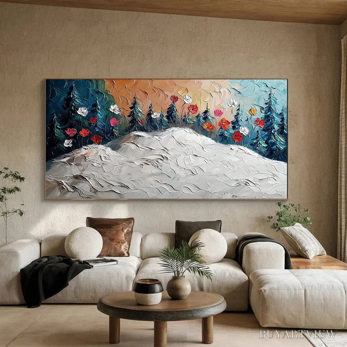 BUYARTVIEW Frozen Bloom – Textured Impasto Landscape with Floral Accents - image 4