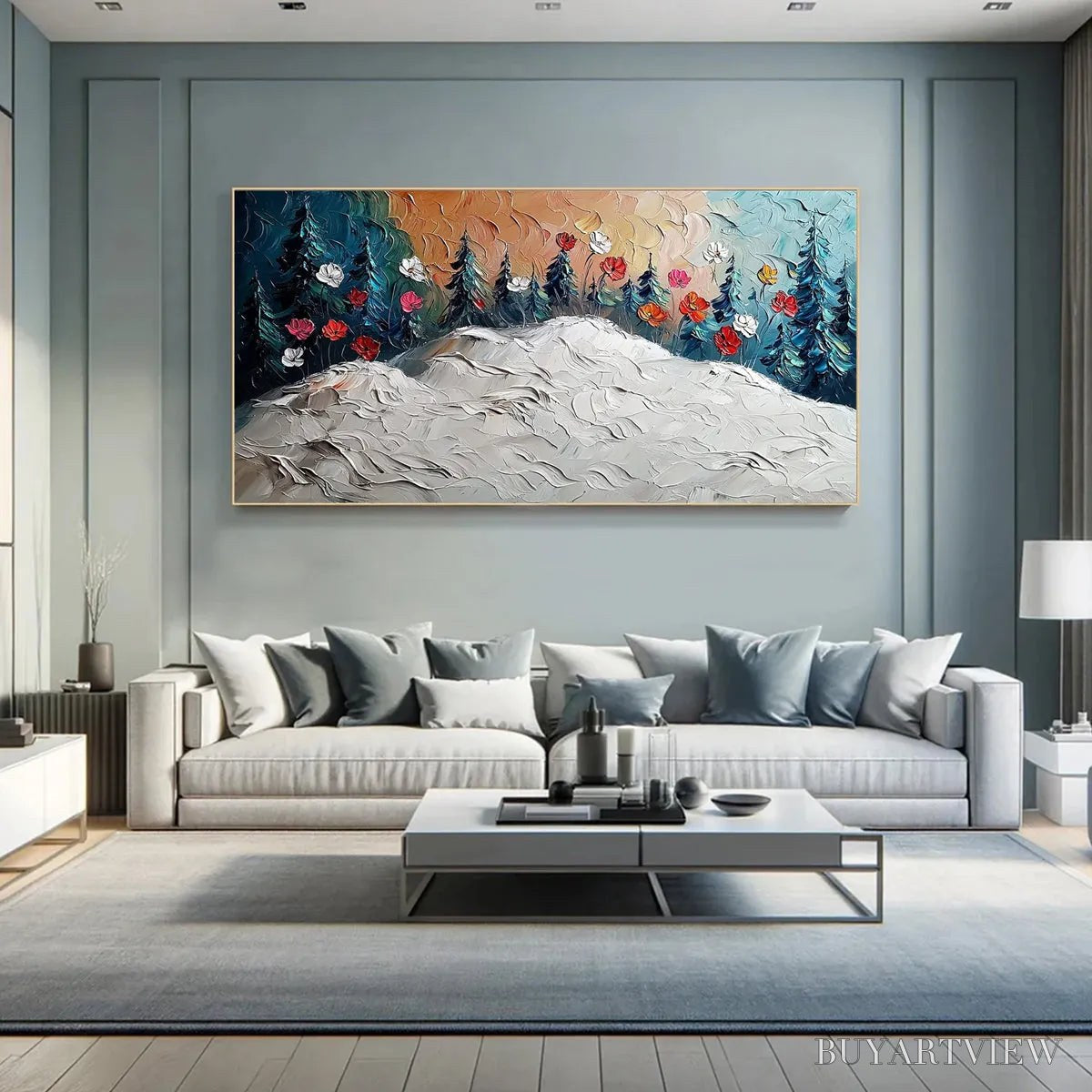 BUYARTVIEW Frozen Bloom – Textured Impasto Landscape with Floral Accents - image 5