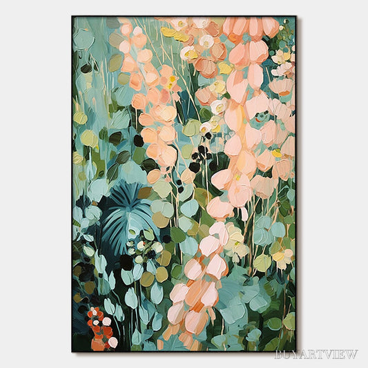 BUYARTVIEW Secret Garden – Vertical Abstract Floral Painting, Textured Green and Pink Garden, Living Room, Bedroom,… - image 1