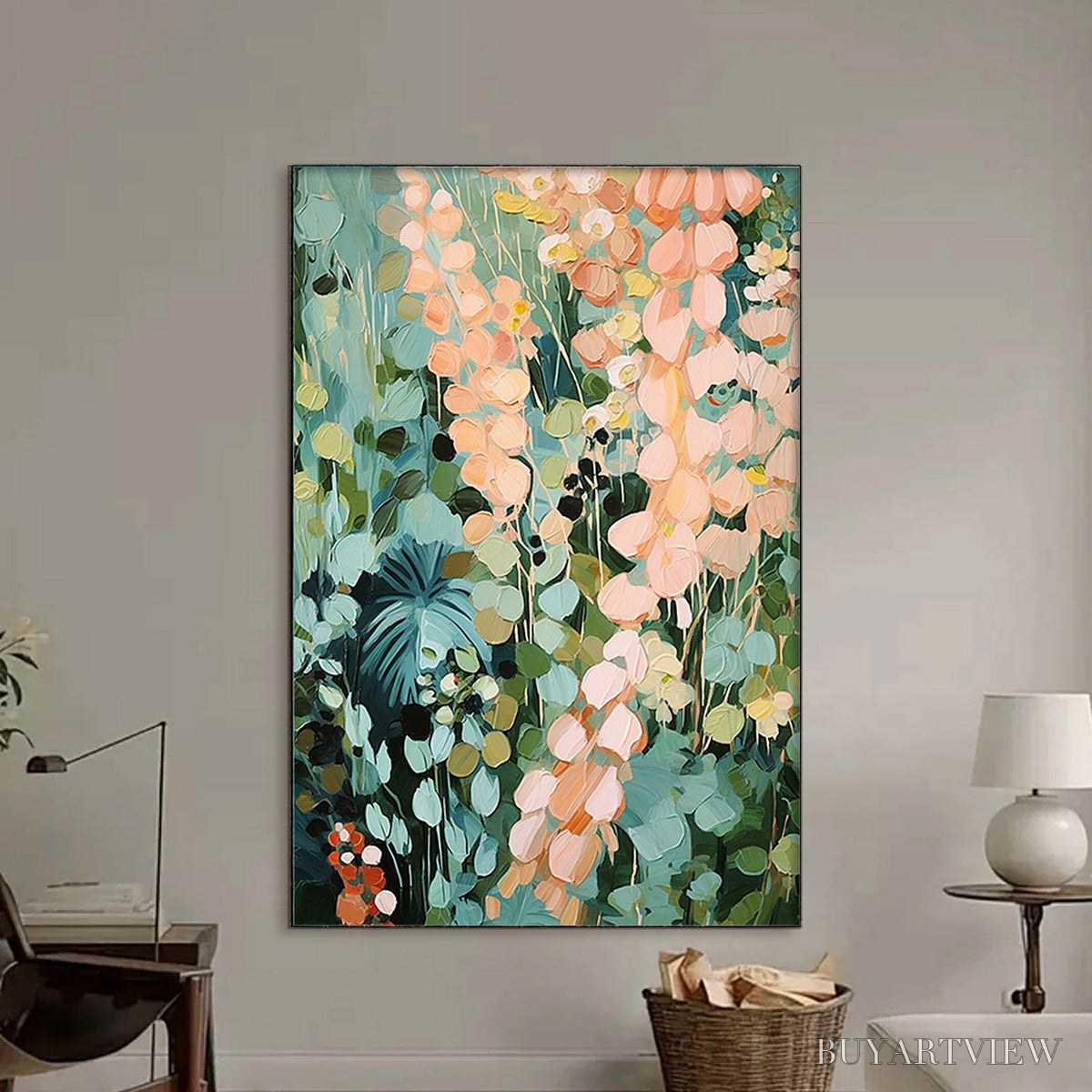 BUYARTVIEW Secret Garden – Vertical Abstract Floral Painting, Textured Green and Pink Garden, Living Room, Bedroom,… - image 2