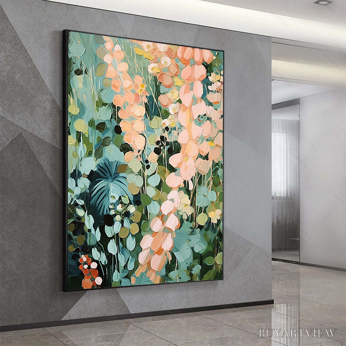 BUYARTVIEW Secret Garden – Vertical Abstract Floral Painting, Textured Green and Pink Garden, Living Room, Bedroom,… - image 4