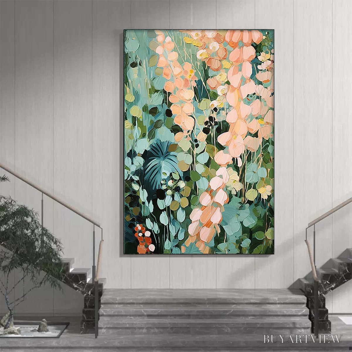 BUYARTVIEW Secret Garden – Vertical Abstract Floral Painting, Textured Green and Pink Garden, Living Room, Bedroom,… - image 6