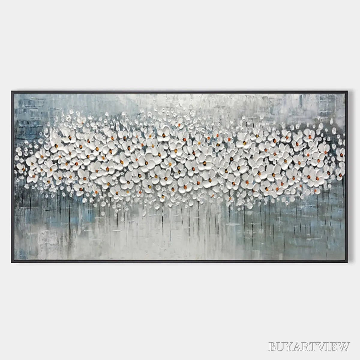 BUYARTVIEW Winter Blossom – Panoramic Impasto Floral Oil Painting in White and Grey - image 1