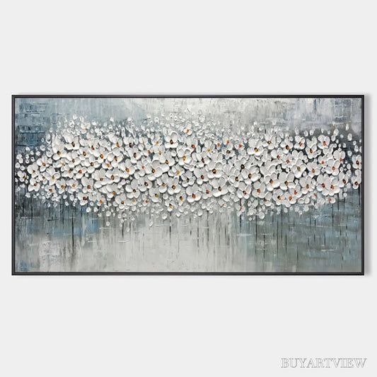 BUYARTVIEW Winter Blossom – Panoramic Impasto Floral Oil Painting in White and Grey - image 1