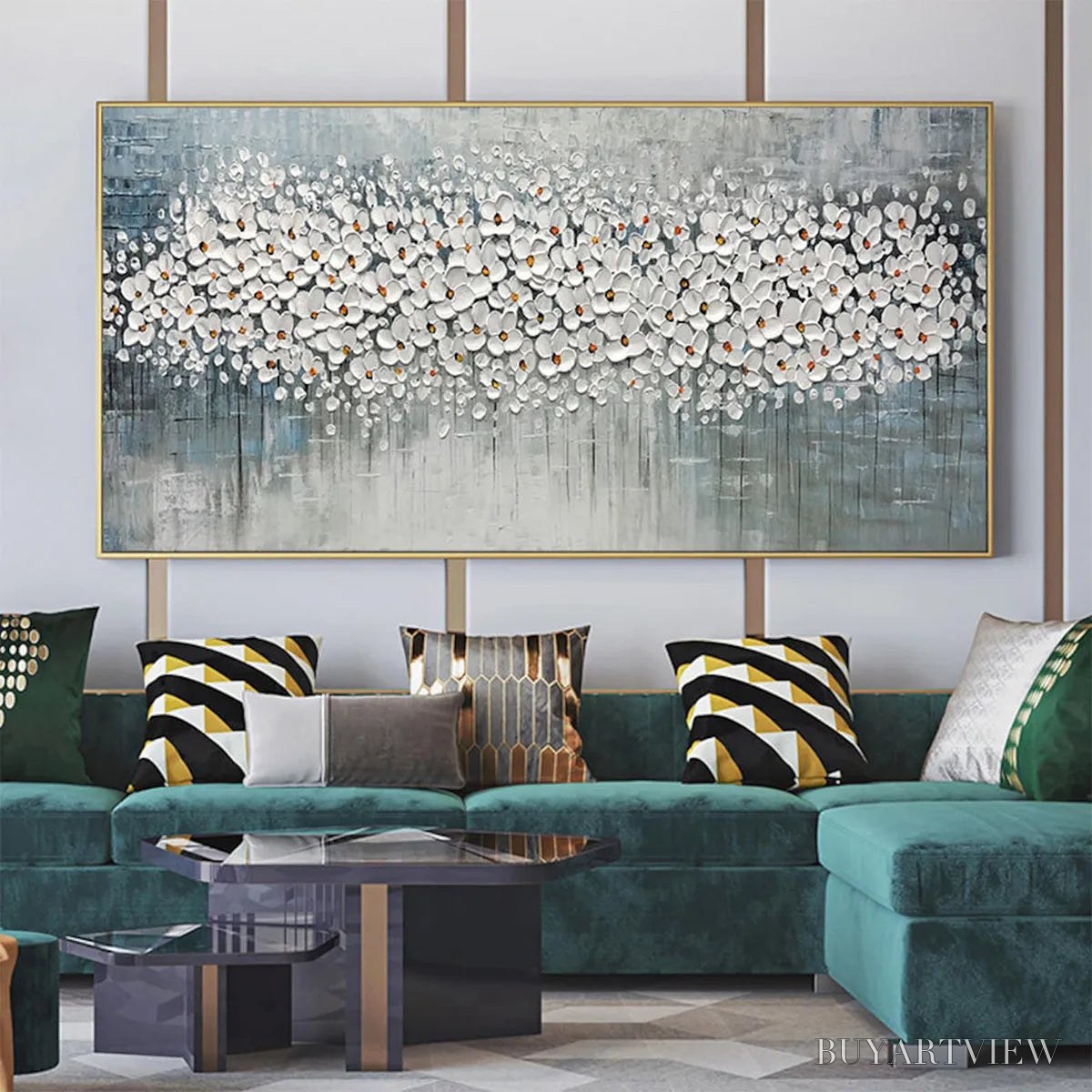 BUYARTVIEW Winter Blossom – Panoramic Impasto Floral Oil Painting in White and Grey - image 2