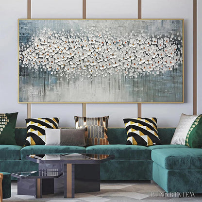 BUYARTVIEW Winter Blossom – Panoramic Impasto Floral Oil Painting in White and Grey - image 2